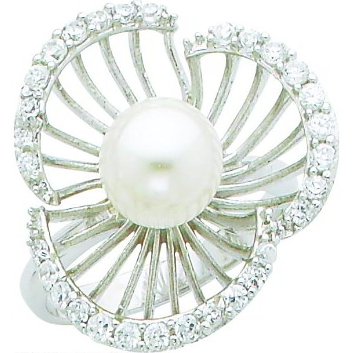 Findingking Sterling Silver Simulated Pearl & CZ Ring Sz 6