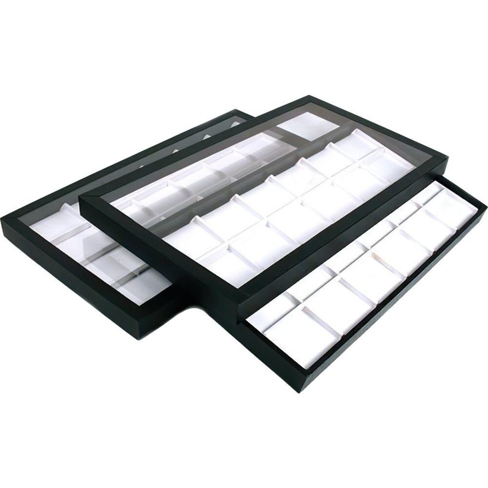 Findingking 48 Slot White Faux Leather Display Clear Lid Case