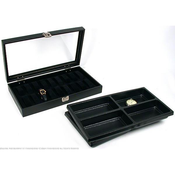 Findingking 8 Slot Black Jewelry Display Tray Glass Lid Travel Case