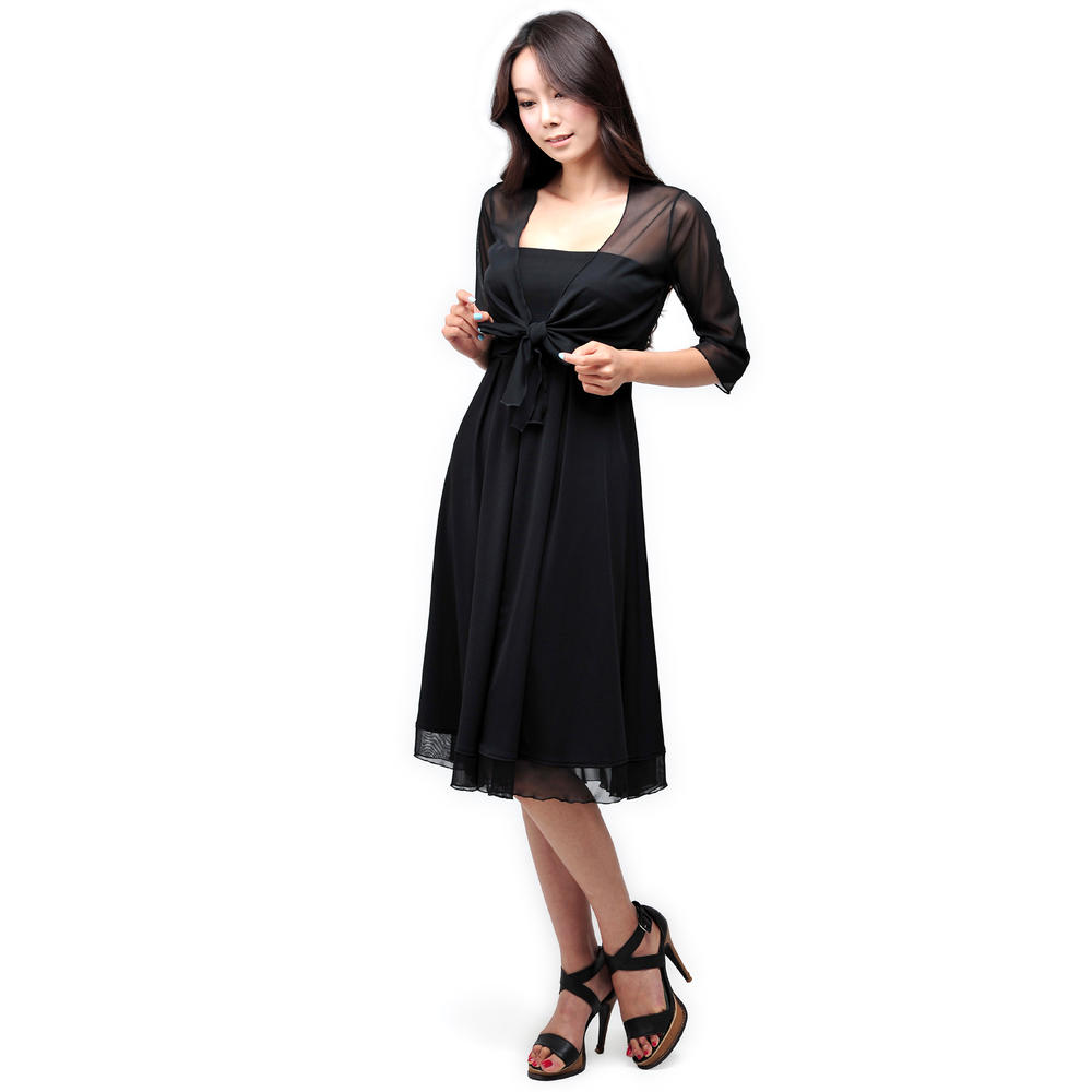 Evanese Women's Lovely 2 Piece Dress with Inverted Pleats  See Through Empire Waist and 3,4 Sleeves Shrug