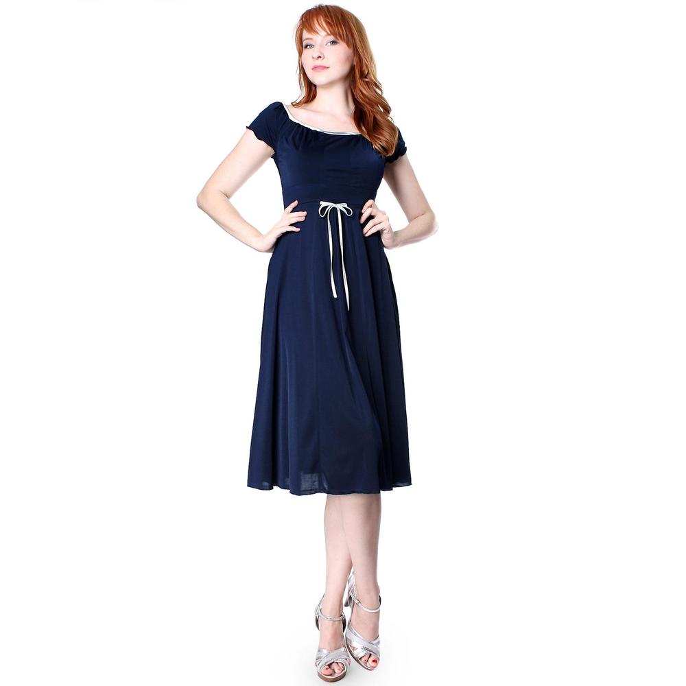 Evanese Women's sweetheart cap sleeve knee length day dress with satin trims