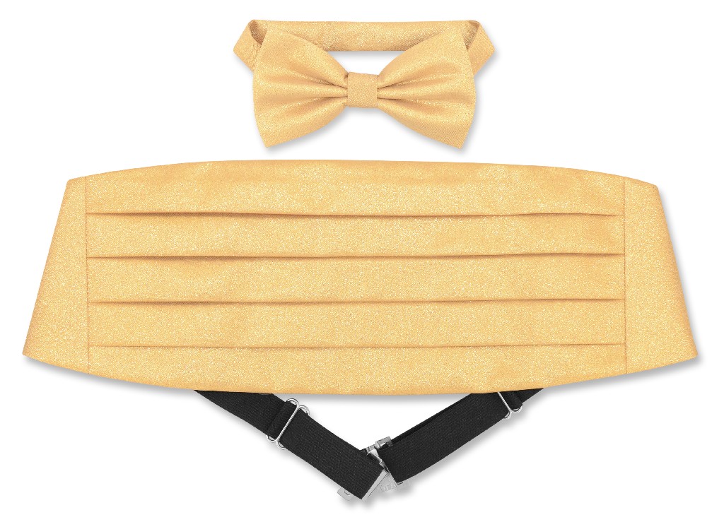 Vesuvio Napoli Cumberbund & BowTie Solid GOLD Color METALLIC Design Men's Cummerbund Bow Tie Set
