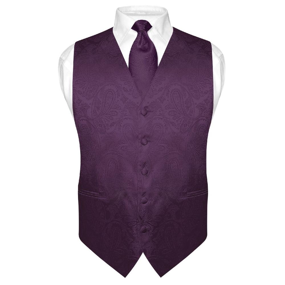 Vesuvio Napoli Men's Paisley Design Dress Vest & NeckTie DARK PURPLE Color Neck Tie Set