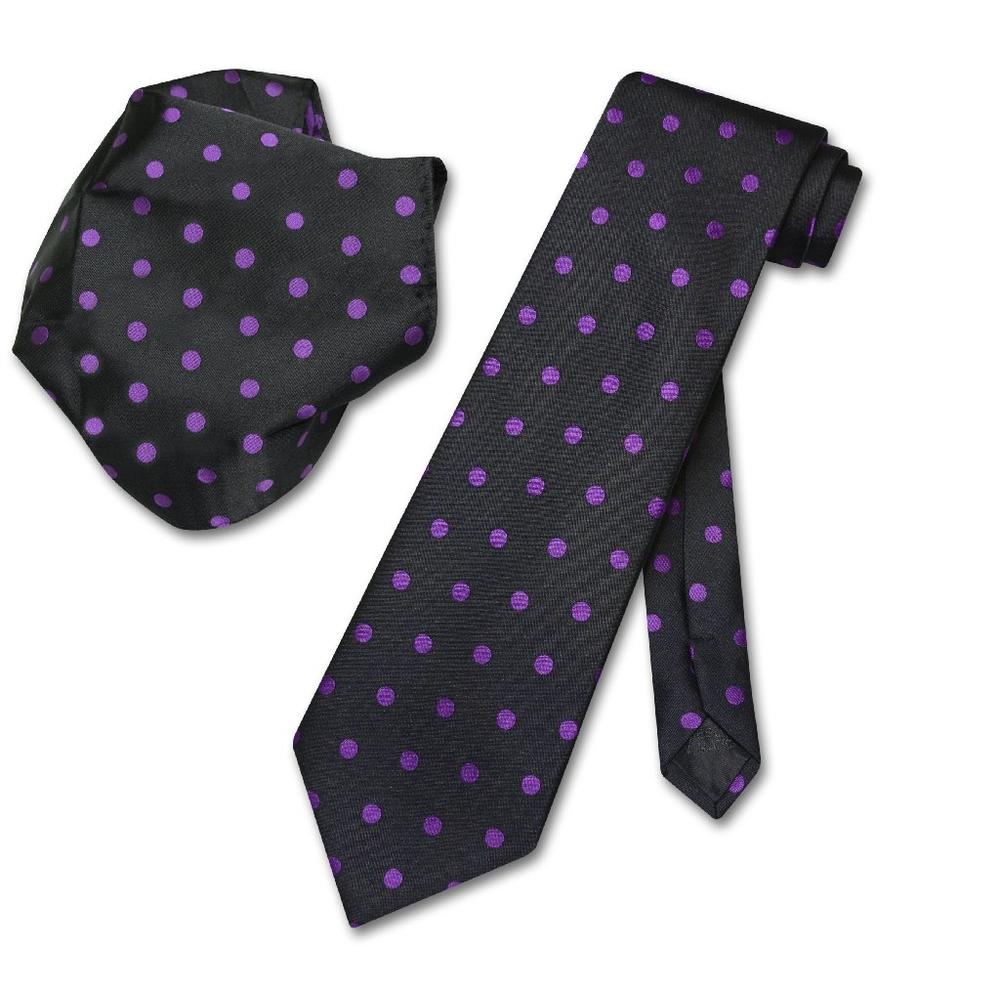 Vesuvio Napoli BLACK w/ PURPLE Polka Dots NeckTie Handkerchief Matching Tie Set
