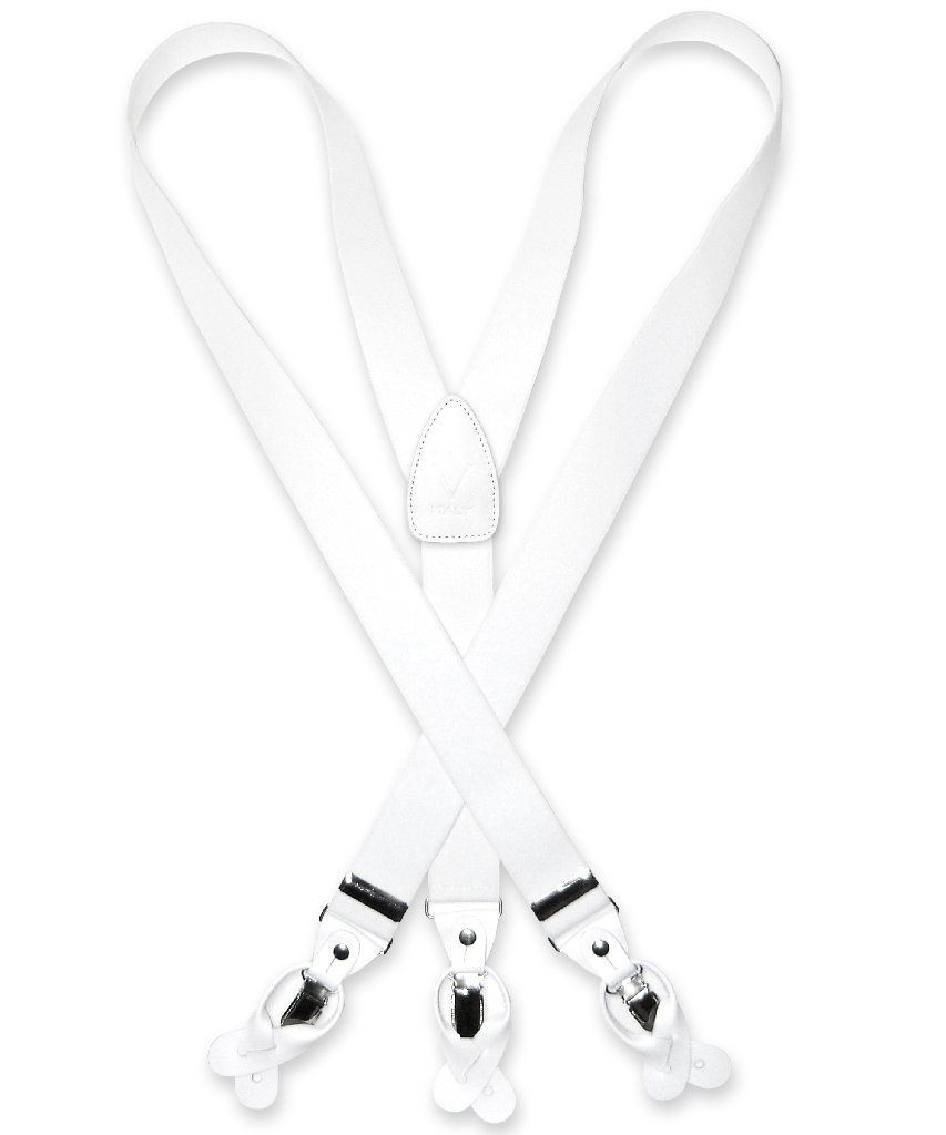 Vesuvio Napoli Men's Solid WHITE SUSPENDERS Y Shape Back Elastic Button & Clip Convertible