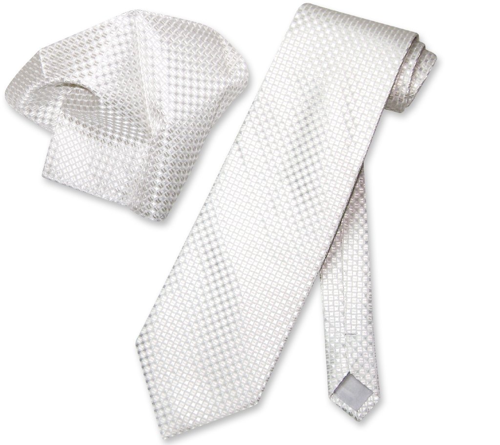 Antonio Ricci NeckTie Handkerchief Off-White Cream Squares Men's Neck Tie Set