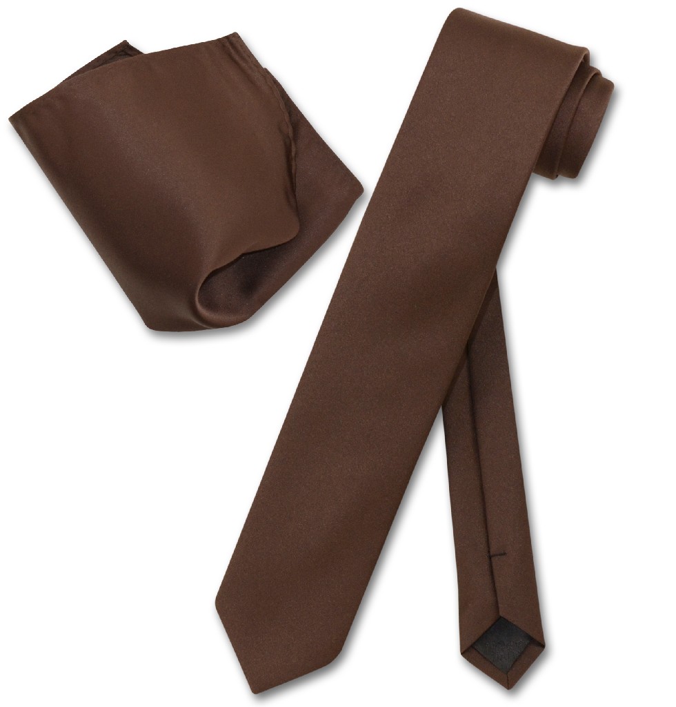 Vesuvio Napoli CHOCOLATE BROWN Skinny 2.5" NeckTie Handkerchief Neck Tie Set