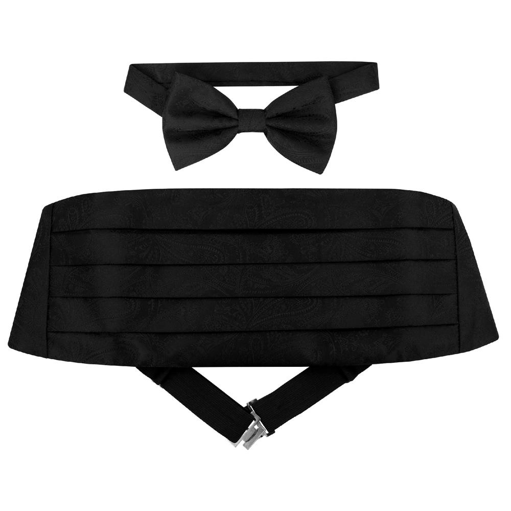 Vesuvio Napoli Cumberbund & BowTie Solid BLACK PAISLEY Color Men's Cummerbund Bow Tie Set