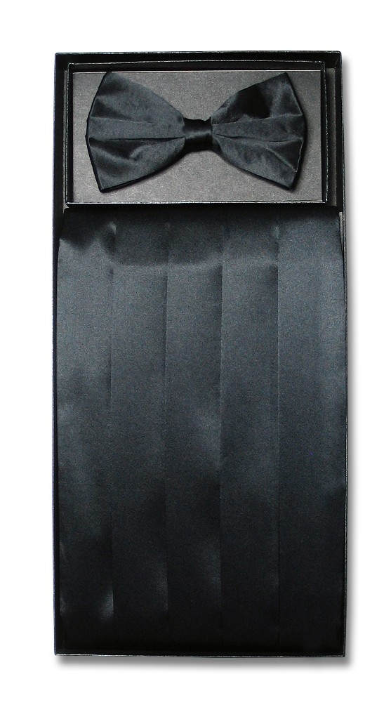 Vesuvio Napoli SILK Cumberbund & BowTie Solid BLACK Color Men's Cummerbund Bow Tie Set