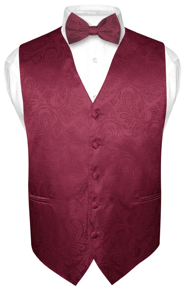 Vesuvio Napoli Men's Paisley Design Dress Vest & Bow Tie BURGUNDY Color BOWTie Set for Suit Tux