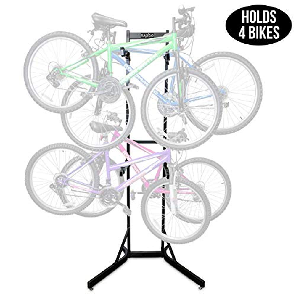 RaxGo Bike Storage Rack, 4 Bicycle Garage Floor Stand, Adjustable, Freestanding, Adjustable Hooks, for Mountain & Road Bicycles,