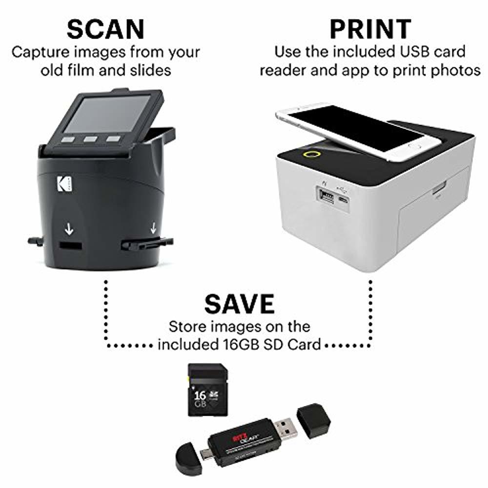 Kodak Scanza Film Scanner & Dock Printer Bundle - Scan, Save and Print Negatives & Slides to 4x6 Prints - Set Includes Kodak Pri