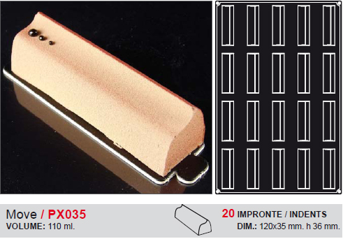 Pavoni Pavoflex Flexible non-stick mold, MOVE, 120 x 35 mm. - Height 36 mm., 20 cav. Overall size: 600 x 400mm