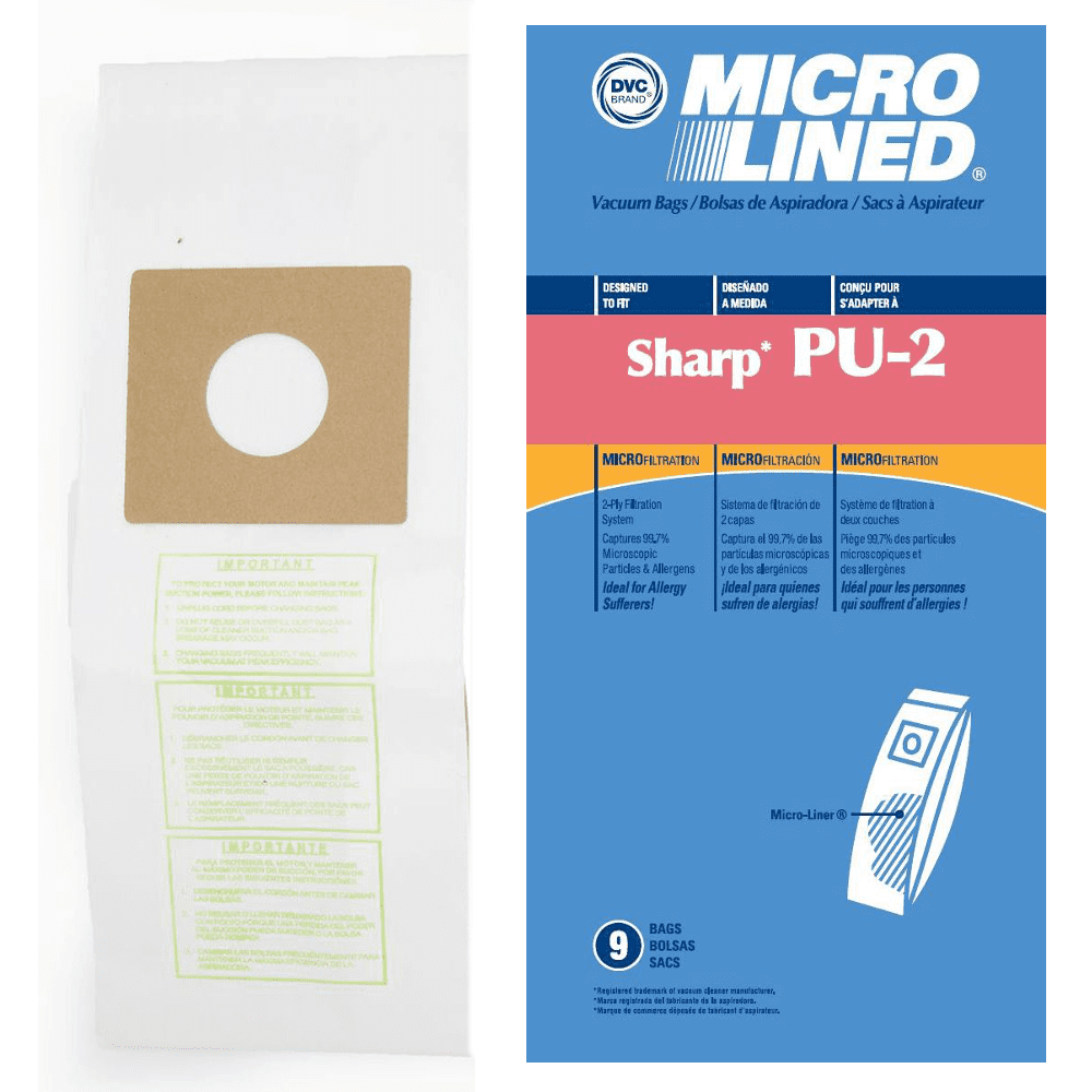DVC Micro-Lined Paper Replacement Bags Style PU-2 Fit Sharp Upright Vacuums, 9 Bags
