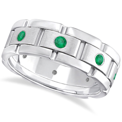Men S Rings Emerald Sears Allurez Men S Emerald Wedding Ring Wide Eternity Band 18k White Gold 0 80ct
