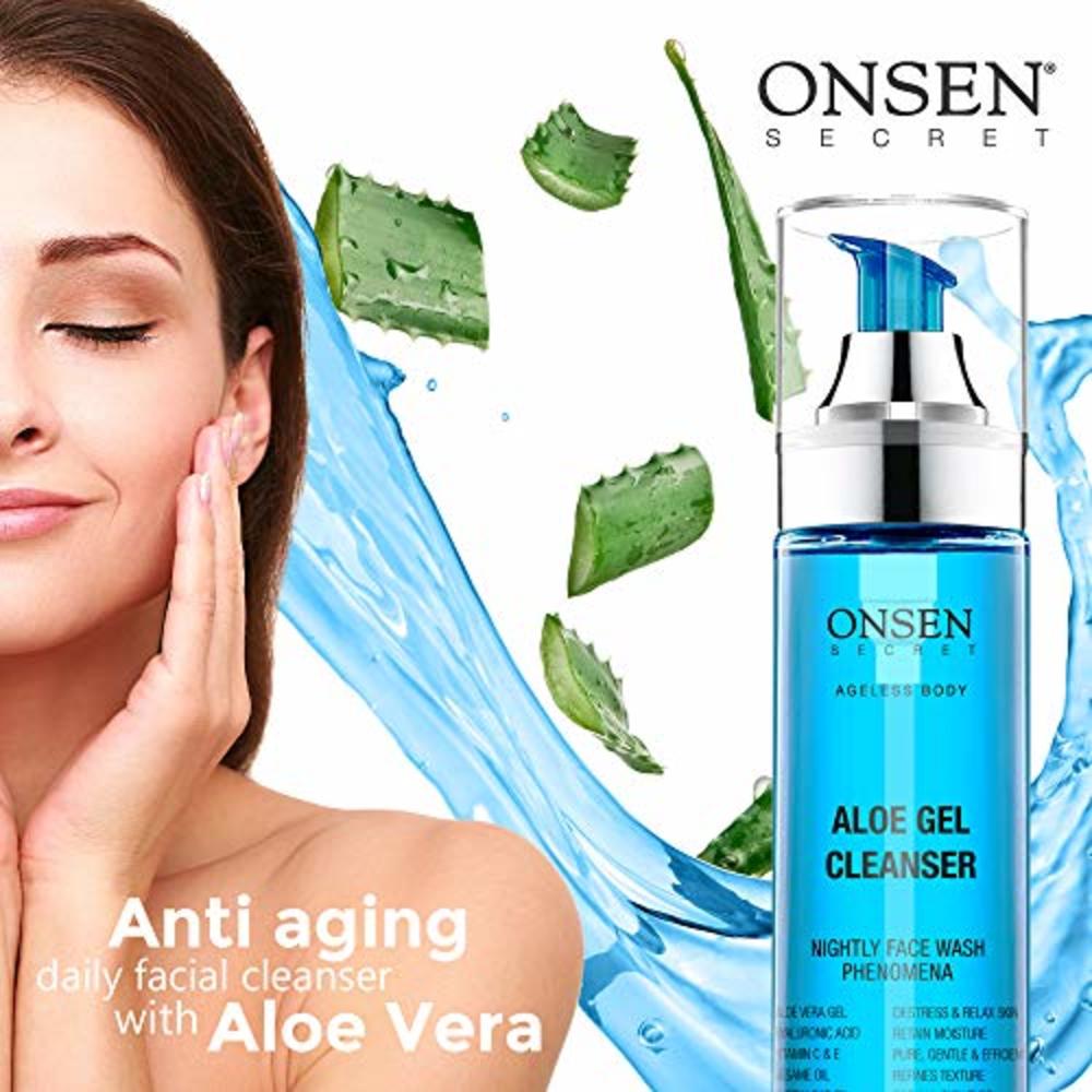 Onsen Secret Onsen Japanese Aloe Vera Face Wash - Premium Nightly Facial Cleanser for Makeup Removal, Heals Dry & Sensitive Skin, Hyaluronic 