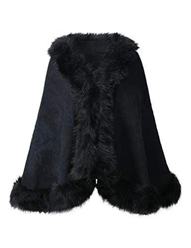 Elfjoy Luxury Bridal Faux Fur Cashmere Wool Shawl Cloak Cape Wedding Dress Party Coat for Winter (Black)