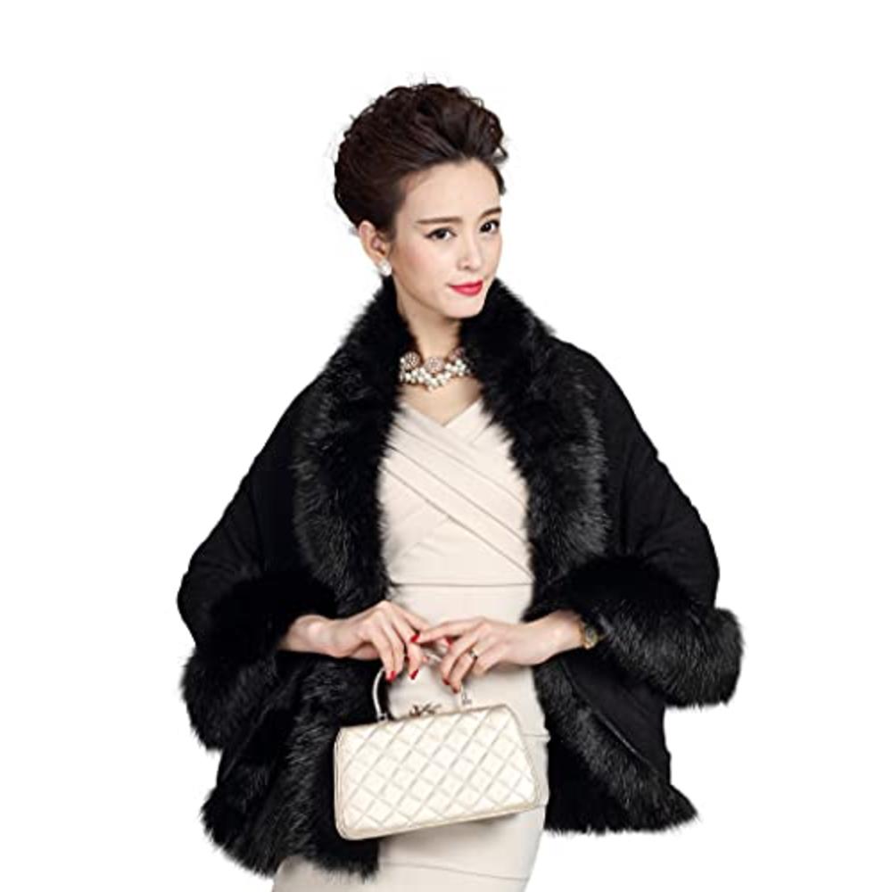 Elfjoy Luxury Bridal Faux Fur Cashmere Wool Shawl Cloak Cape Wedding Dress Party Coat for Winter (Black)
