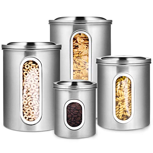 Deppon 4-Piece Canister Set Stainless Steel with Airtight Lids and  Plexi-Glass Window Large for Flour Sugar Tea Coffee Nuts Food