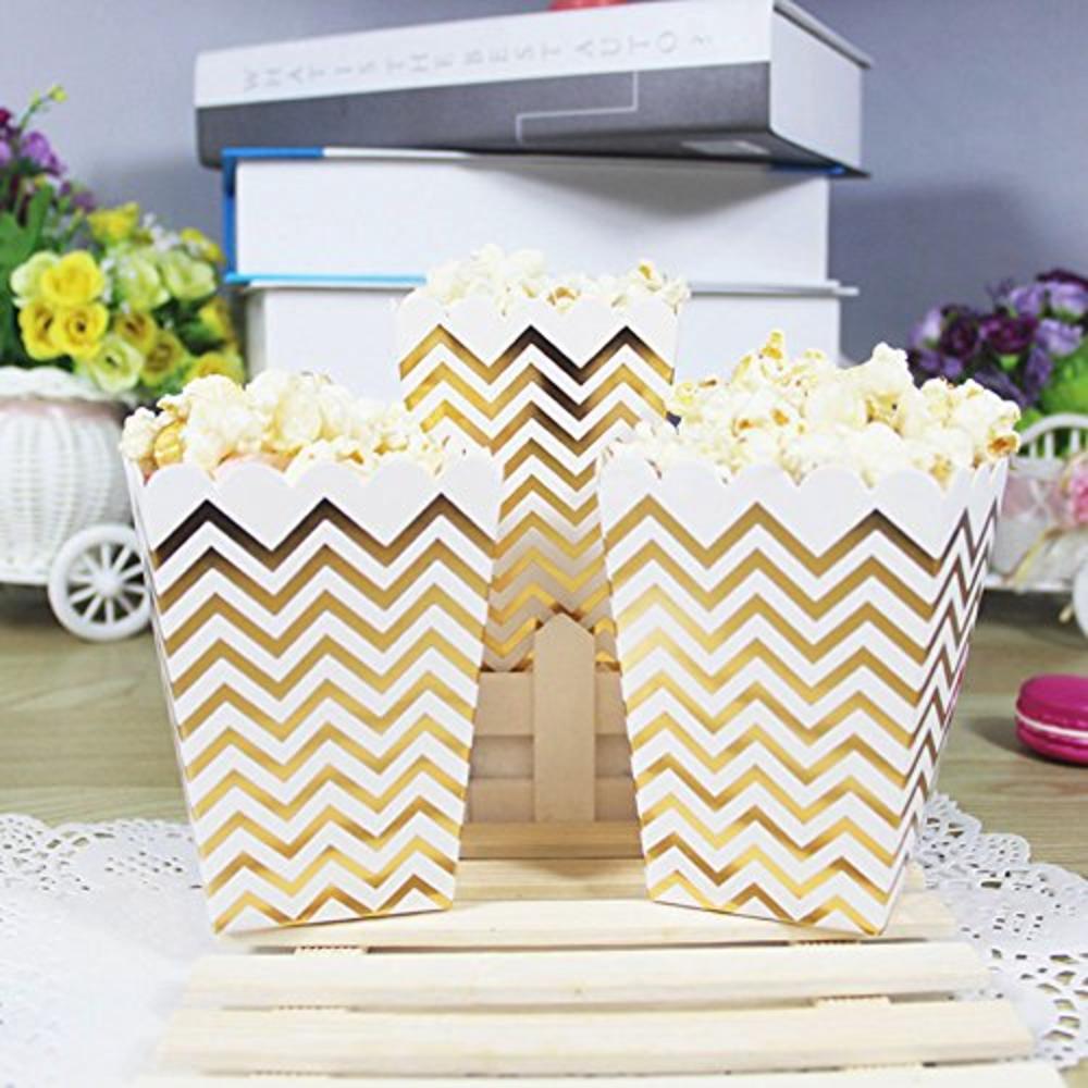 NUIBY Popcorn Boxes, Gold Stamping Trio (36 Pack) Polka Dot, Chevron, Stripe treat boxes- Small Movie Theater Popcorn Paper bags for D