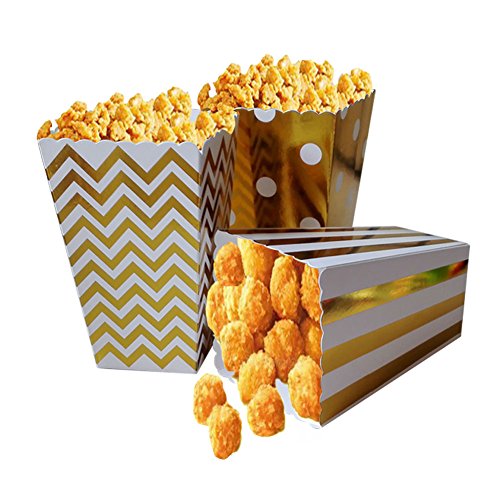 NUIBY Popcorn Boxes, Gold Stamping Trio (36 Pack) Polka Dot, Chevron, Stripe treat boxes- Small Movie Theater Popcorn Paper bags for D