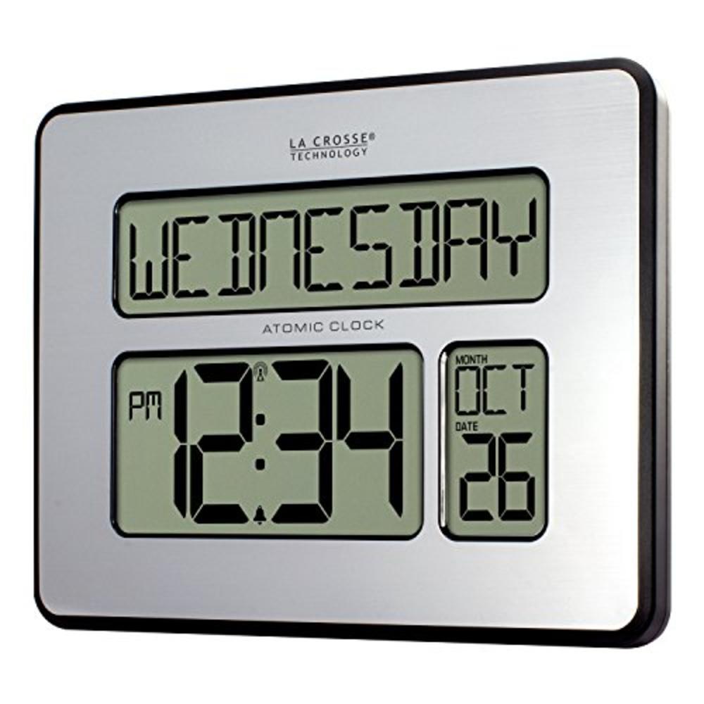 La Crosse Technology 513-1419-INT Atomic Full Calendar Clock with Extra Large Digits - Perfect Gift for the Elderly, Silver, 9.8