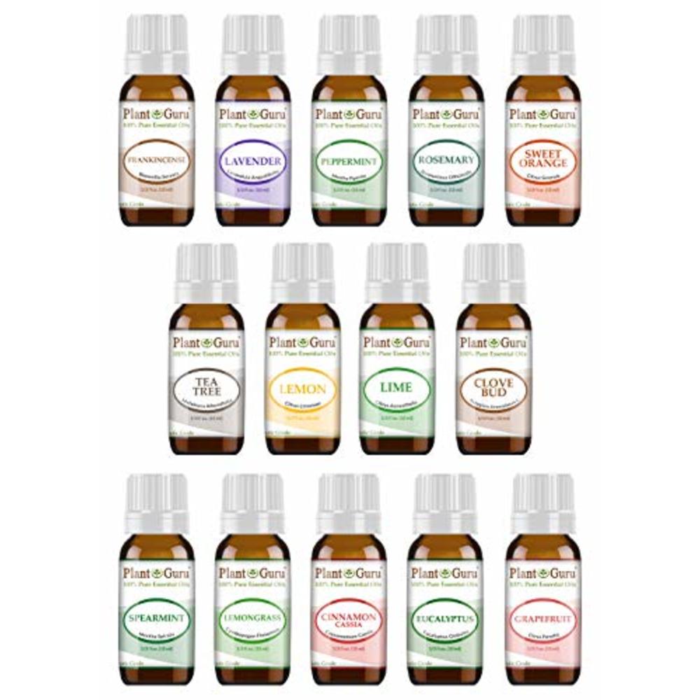 Plant Guru Essential Oil Set 14 - 10 ml Therapeutic Grade 100% Pure Frankincense, Lavender, Peppermint, Rosemary, Orange, Tea Tree, Eucalyp