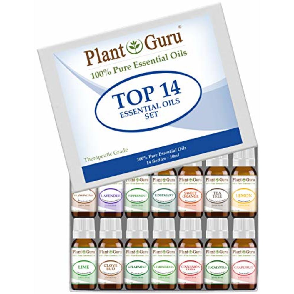Plant Guru Essential Oil Set 14 - 10 ml Therapeutic Grade 100% Pure Frankincense, Lavender, Peppermint, Rosemary, Orange, Tea Tree, Eucalyp