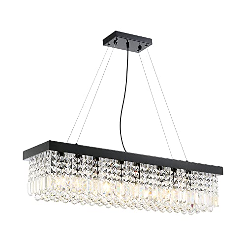 7pm Rectangle K9 Crystal Chandelier Modern Rectangular Pendant Lighting Fixture For Dining Room Kitchen Island Bedroom Black L40 7pm Rectangle K9 Crystal Chandelier, Black Rectangular Crystal Chandelier