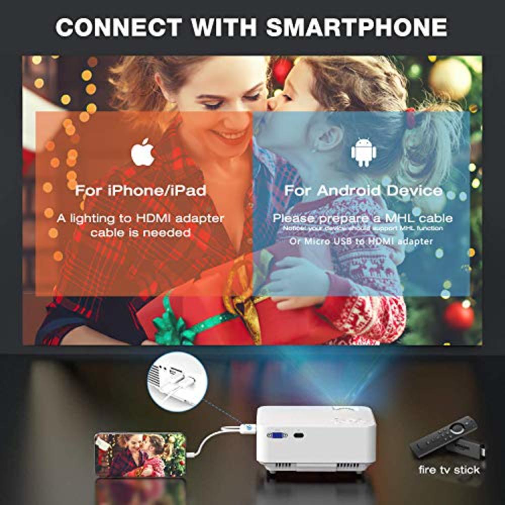 Hompow Mini Projector, HOMPOW 5500L Movie Projector, Smartphone Portable Video Projector 1080P Supported and 176" Display, Compatible w