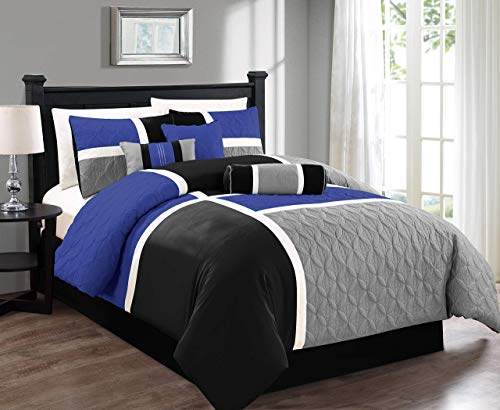 Chezmoi Collection 7-Piece Quilted Patchwork Comforter Set, Gray/Blue/Black, Queen