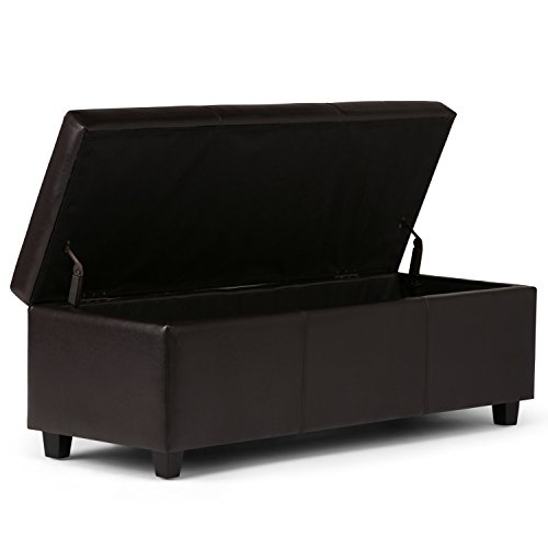 SIMPLIHOME Avalon 48 inch Wide Rectangle Lift Top Storage Ottoman Bench in Upholstered Tanners Brown Faux Leather with Large Sto