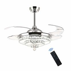 SILJOY Crystal Ceiling Fan with Lights Modern Fandelier Retractable Dimmable LED Chandelier Ceiling Light Fixture for Bedroom Di