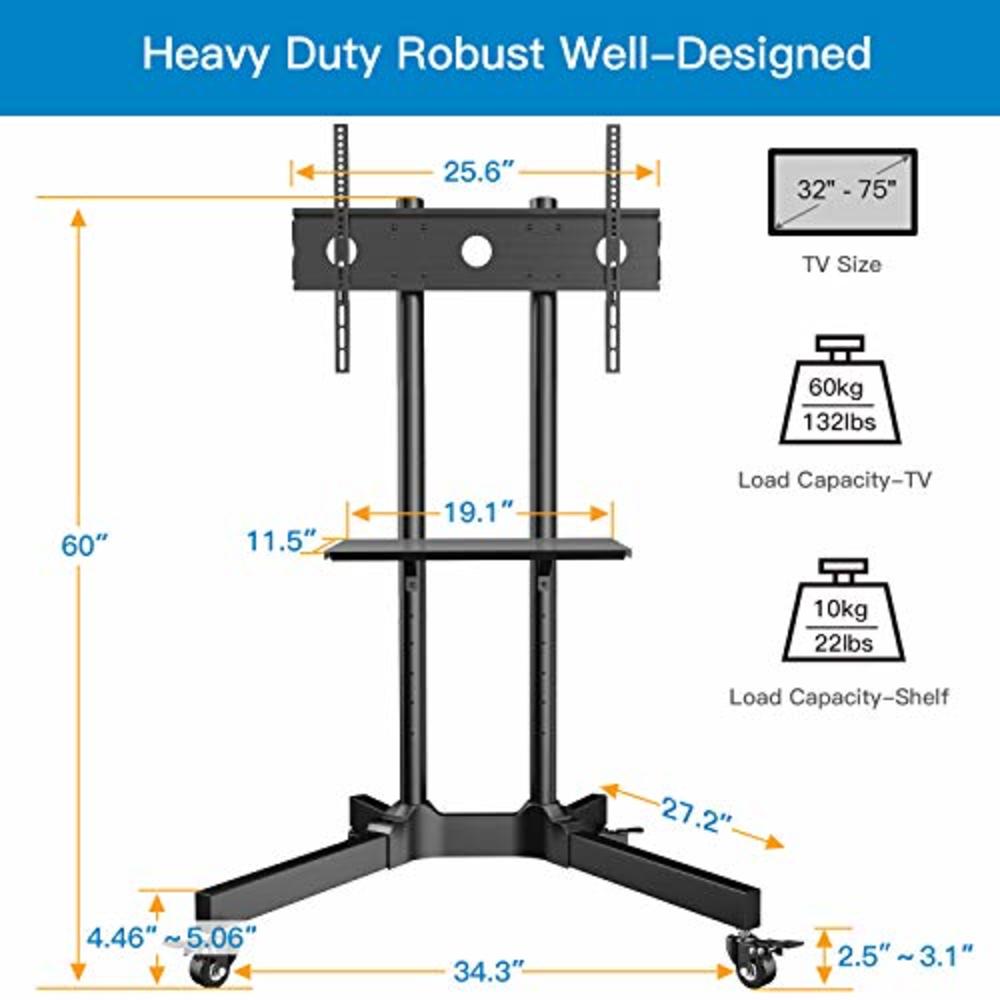 PERLESMITH Mobile TV Cart with Wheels for 32-75 Inch LCD LED 4K Flat Curved Screen TVs- Height Adjustable Rolling TV Stand Hold Up to 132 l