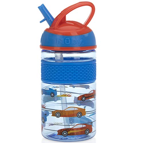 Nuby Thirsty Kids Flip-it Freestyle On the Go Water Bottle with Bite Resistant Hard Straw Cup and Easy Grip Band, Blue Cars, 12
