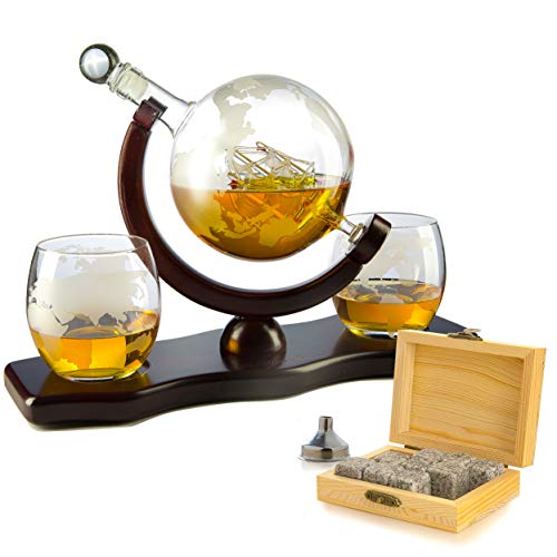 The Wine Savant Whiskey Decanter Set Globe with 2 Etched Globe Whisky Glasses - Comes With Whiskey Stones for Whiskey, Scotch, Bourbon 850ml