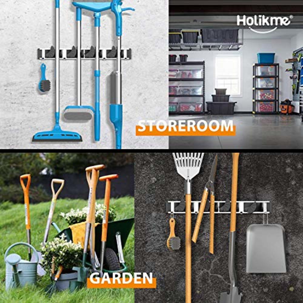 Holikme Mop Broom Holder Wall Mount Metal Pantry Organization and Storage Garden Kitchen Tool Organizer Wall Hanger for Home Goo