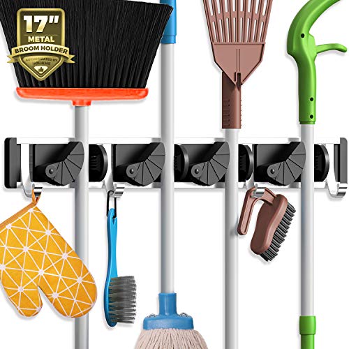 Holikme Mop Broom Holder Wall Mount Metal Pantry Organization and Storage Garden Kitchen Tool Organizer Wall Hanger for Home Goo