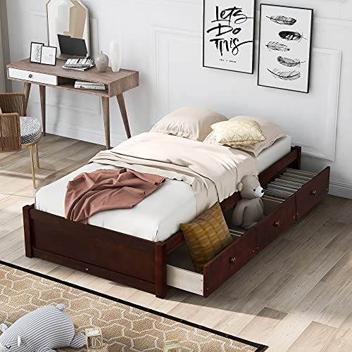 Softsea 3634 Twin Storage Bed, Twin Platform Bed With Drawers Solid Wood
