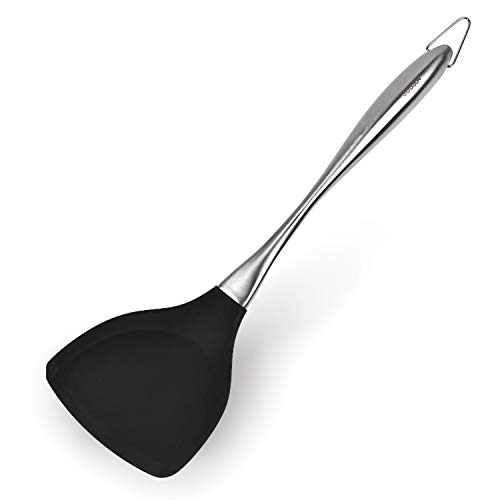 XIAKE Honglida Premium Silicone Wok Turner BPA Free 600ºF Spatula Stainless Steel Handle 14-1/5 Inch for Non Stick Cookware (Black)