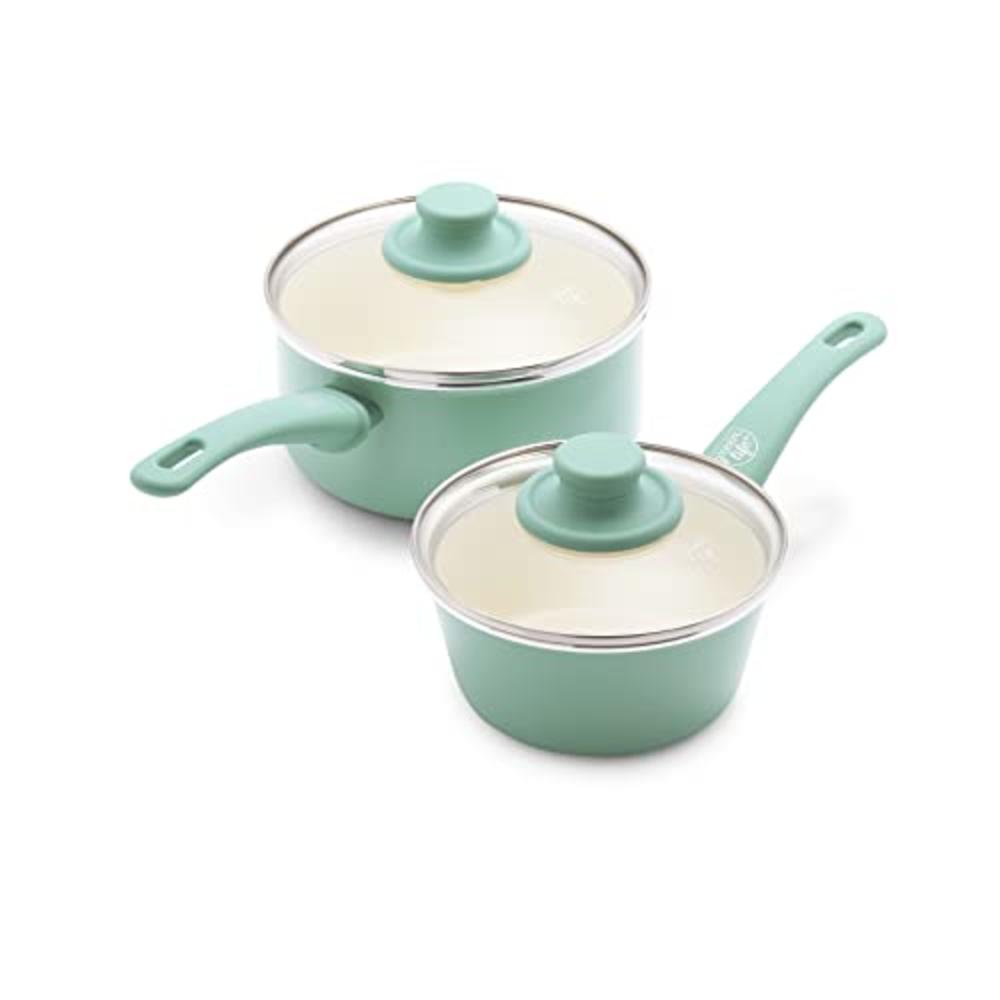 GreenLife Soft Grip Healthy Ceramic Nonstick, Saucepan Set with Lids, 1QT and 2QT, Turquoise