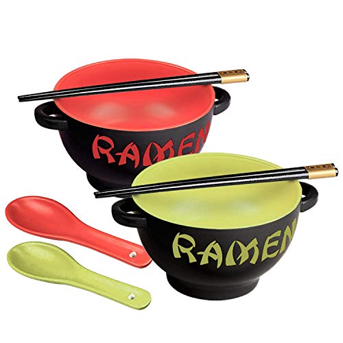 World Market Japanese Ceramic Ramen Bowl Set of 2 - Noodle Bowl with Soup Spoon and Chopsticks - Serving Bowls for Noodle, Ramen