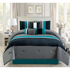 GrandLinen 7 Piece Teal Blue / Grey / Black Pleated Bed in A Bag Microfiber Comforter Set Queen Size Bedding. Perfect for Any Bed Room or G