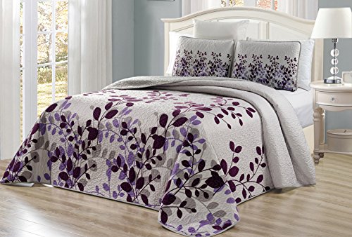 Grand Linen 3 Piece Fine Printed Oversize 115 X 95 Fresca Quilt Set Reversible Bedspread Coverlet King Size Bed Cover Purple Grey Vin Fresca Quilt Set Reversible Bedspread, Lilac King Size Bedspread