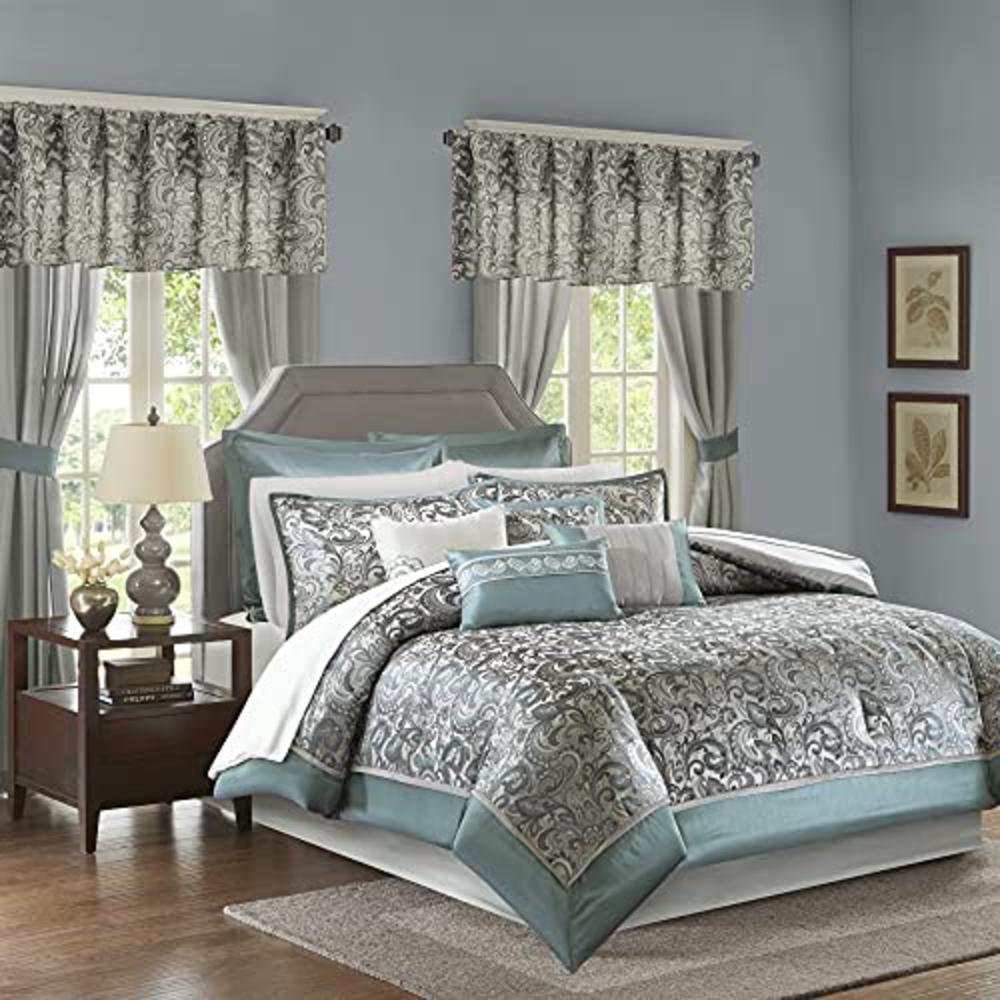 Madison Park Essentials Brystol 24 Piece Room in a Bag Faux Silk Comforter Jacquard Paisley Design Matching Curtains Down Altern