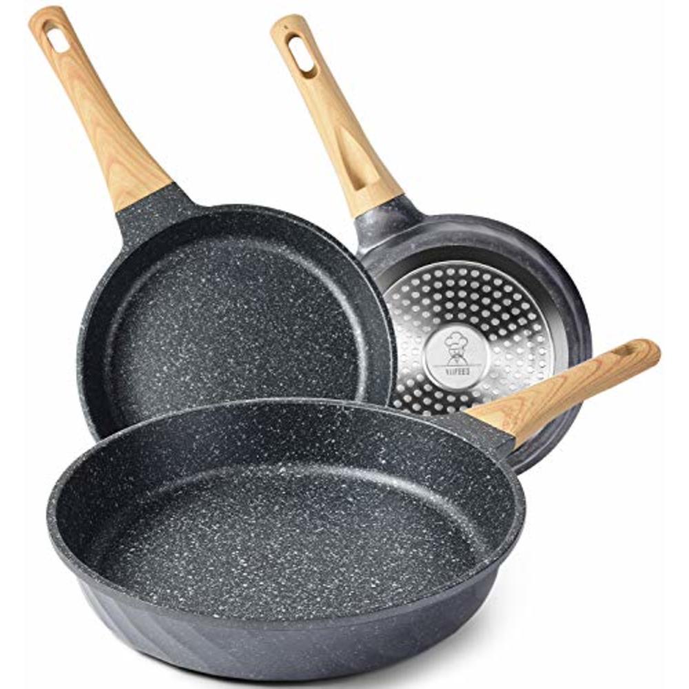 YIIFEEO Nonstick Frying Pan Set, Granite Skillet Set with 100% PFOA Free, Omelette Pan Cookware Set with Heat-Resistant Ergonomi
