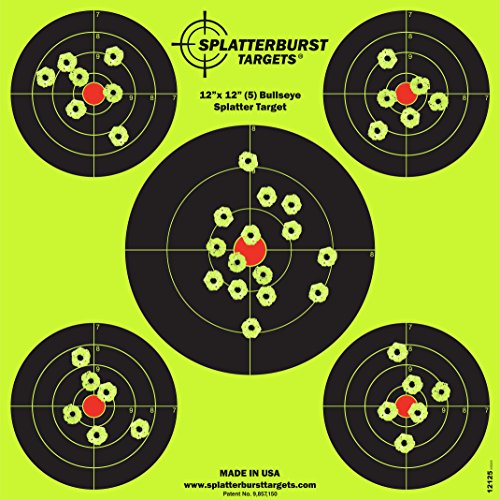 splatterburst targets 12 x12 inch 5 bullseye reactive shooting target shots burst bright fluorescent yellow upon impact