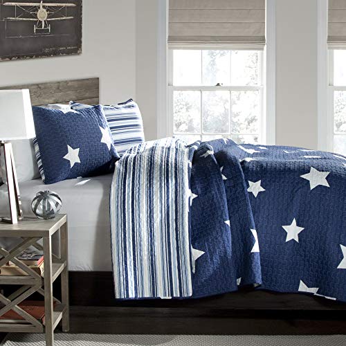 Lush Decor Navy Star Quilt-Reversible 3 Piece Pattern Striped Bedding Set with Pillow Shams, Full/Queen