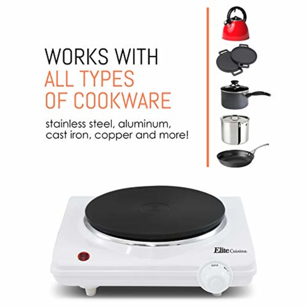 Elite Gourmet Countertop Coiled, Electric Hot Burner, Temperature Controls, Power Indicator Lights, Easy to Clean, Single, White