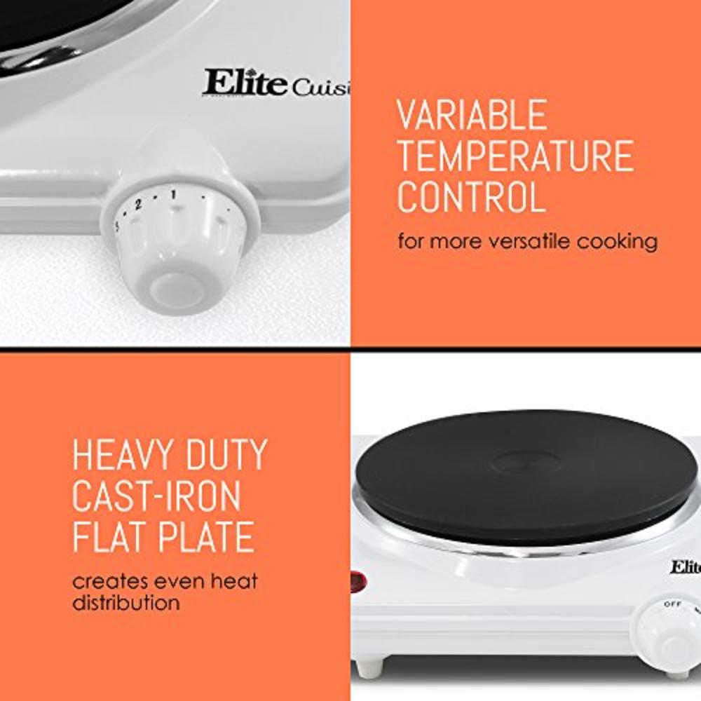 Elite Gourmet Countertop Coiled, Electric Hot Burner, Temperature Controls, Power Indicator Lights, Easy to Clean, Single, White